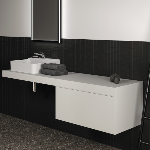 Immagine di Ideal Standard soluzione bagno doppio lavabo 60 cm su mensola 180 cm, colore bianco finitura lucido, doccia rettangolare 120x90 cm, colore grigio cemento finitura pietra opaco, rubinetteria finitura silver storm SING10
