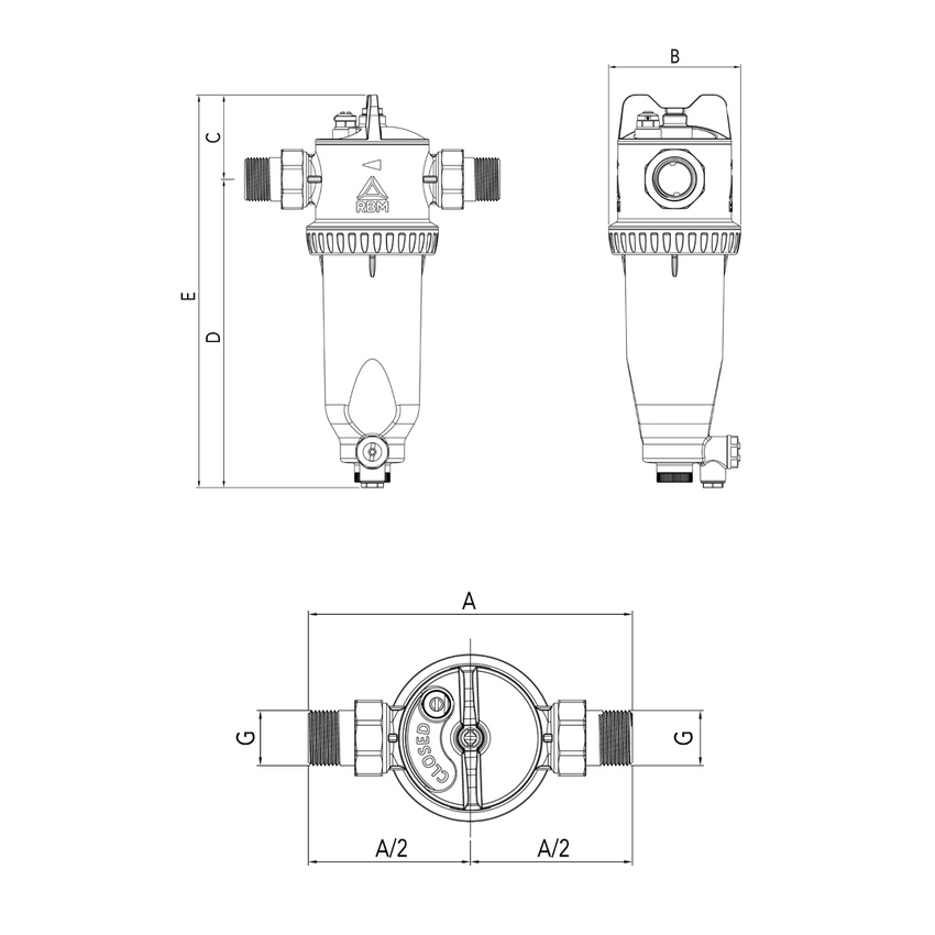 Immagine di RBM MP1 filtro defangatore magnetico autopulente per pompe di calore, completo di dispositivo di intercettazione integrato e rubinetto a sfera di scarico 36990600