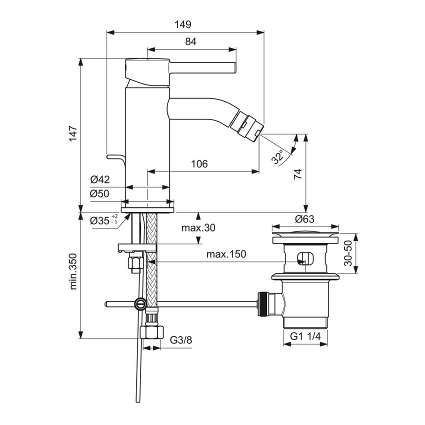 Immagine di Ideal Standard CERALINE miscelatore monocomando per bidet, con asta di comando e scarico piletta da 1-1/4", finitura cromo BC197AA
