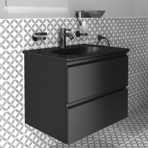 Immagine di Ideal Standard soluzione bagno completo, sanitari sospesi, lavabo con mobile 60 cm, doccia rettangolare 100x70, colore nero finitura opaco, rubinetteria colore nero finitura opaco SING8