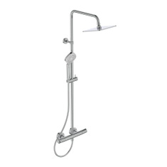 Immagine di Ideal Standard CERATHERM T100 colonna doccia con termostatico esterno, doccetta Idealrain con riduttore di portata, soffione quadrato 20 cm, asta murale e tubo flessibile L.175 cm, finitura cromo A7240AA