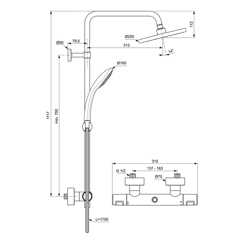 Immagine di Ideal Standard CERATHERM T25 colonna doccia con termostatico esterna, asta murale, soffione Ø 20 cm, supporto doccetta con scorrimento a pressione, doccetta Idealrain e flessibile L.175 cm, colore nero seta finitura opaco A7545XG