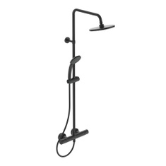 Immagine di Ideal Standard CERATHERM T25 colonna doccia con termostatico esterna, asta murale, soffione Ø 20 cm, supporto doccetta con scorrimento a pressione, doccetta Idealrain e flessibile L.175 cm, colore nero seta finitura opaco A7545XG