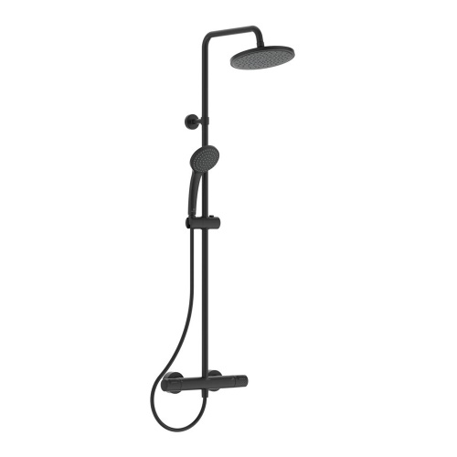 Immagine di Ideal Standard CERATHERM T25 colonna doccia con termostatico esterna, asta murale, soffione Ø 20 cm, supporto doccetta con scorrimento a pressione, doccetta Idealrain e flessibile L.175 cm, colore nero seta finitura opaco A7545XG