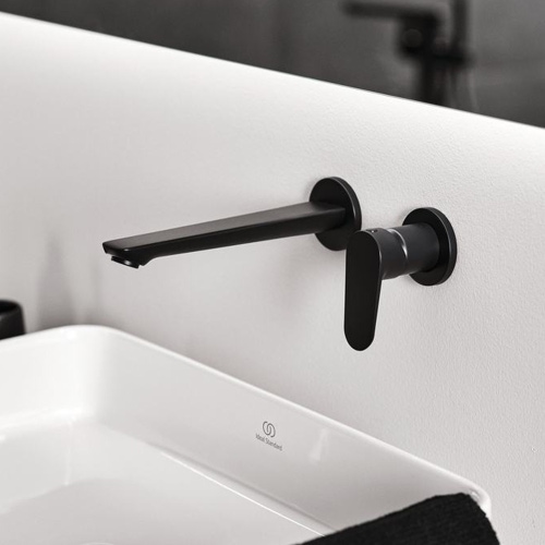Immagine di Ideal Standard CERAFINE O miscelatore monocomando a parete P.22 cm per lavabo, con limitatore di temperatura, senza corpo incasso, colore nero seta finitura opaco BD133XG