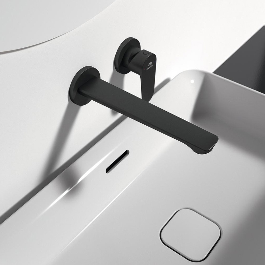 Immagine di Ideal Standard CERAFINE O miscelatore monocomando a parete P.22 cm per lavabo, con limitatore di temperatura, senza corpo incasso, colore nero seta finitura opaco BD133XG