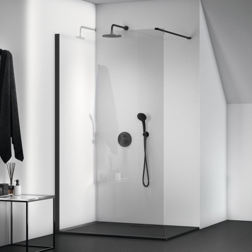 Immagine di Ideal Standard CONNECT 2 cabina doccia walk-in L.117.7 H.195 P.1.4 cm, per installazione ad angolo o centro parete, vetro temperato trasparente, colore nero finitura opaco K9379V3