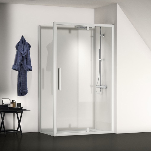 Immagine di Ideal Standard I.LIFE porta per doccia L.122 H.201 P.10 cm, con anta pivottante, vetro temperato trasparente, profilo finitura brill lucido T4939EO