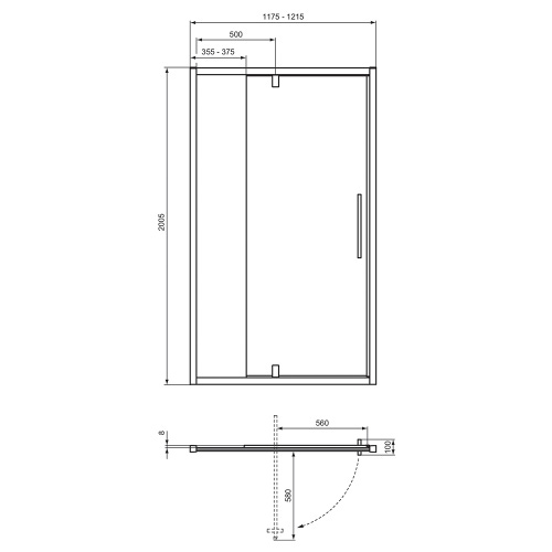 Immagine di Ideal Standard I.LIFE porta per doccia L.122 H.201 P.10 cm, con anta pivottante, vetro temperato trasparente, profilo finitura brill lucido T4939EO