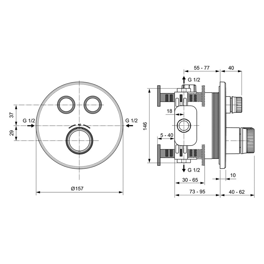 Immagine di Ideal Standard CERATHERM NAVIGO miscelatore termostatico rotondo a 2 vie, senza corpo incasso, con tecnologia Navigo, finitura silver storm A7296GN