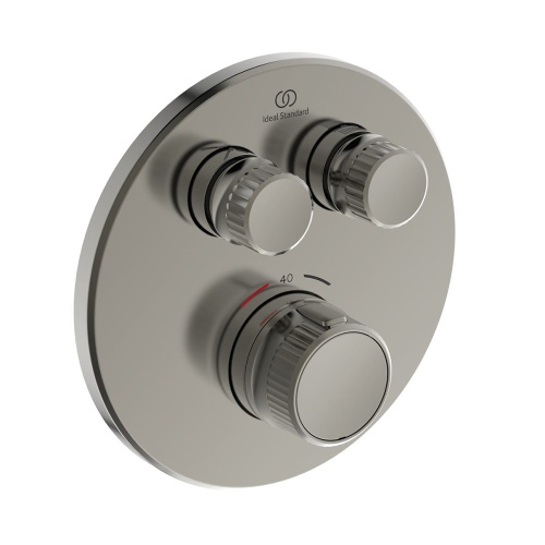 Immagine di Ideal Standard soluzione bagno doppio lavabo 60 cm su mensola 180 cm, colore bianco finitura lucido, doccia rettangolare 120x90 cm, colore grigio cemento finitura pietra opaco, rubinetteria finitura silver storm SING10