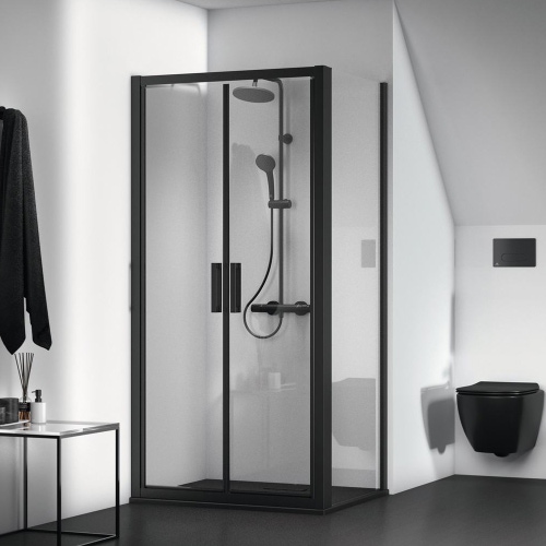 Immagine di Ideal Standard CONNECT 2 porta per doccia tipo saloon L.102 H.196 P.6 cm, con ante battenti, vetro temperato trasparente, colore nero seta finitura opaco K9296V3