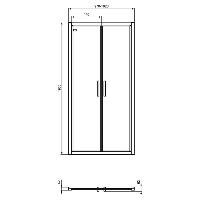 Immagine di Ideal Standard CONNECT 2 porta per doccia tipo saloon L.102 H.196 P.6 cm, con ante battenti, vetro temperato trasparente, colore nero seta finitura opaco K9296V3