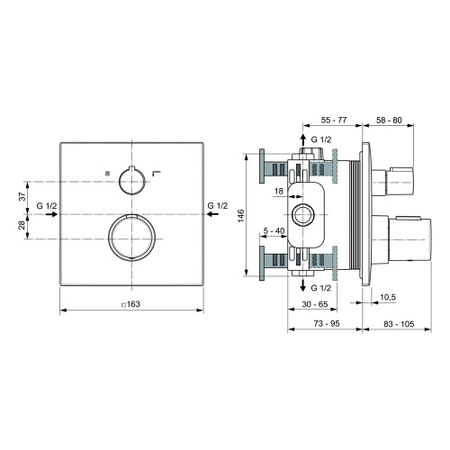 Immagine di Ideal Standard CERATHERM C100 miscelatore termostatico quadrato, per doccia/vasca, con deviatore, senza corpo incasso, colore nero seta finitura opaco A7522XG