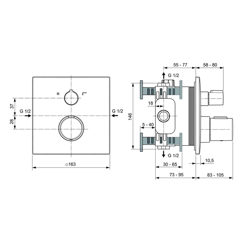 Immagine di Ideal Standard CERATHERM C100 miscelatore termostatico quadrato, per doccia/vasca, con deviatore, senza corpo incasso, colore nero seta finitura opaco A7522XG
