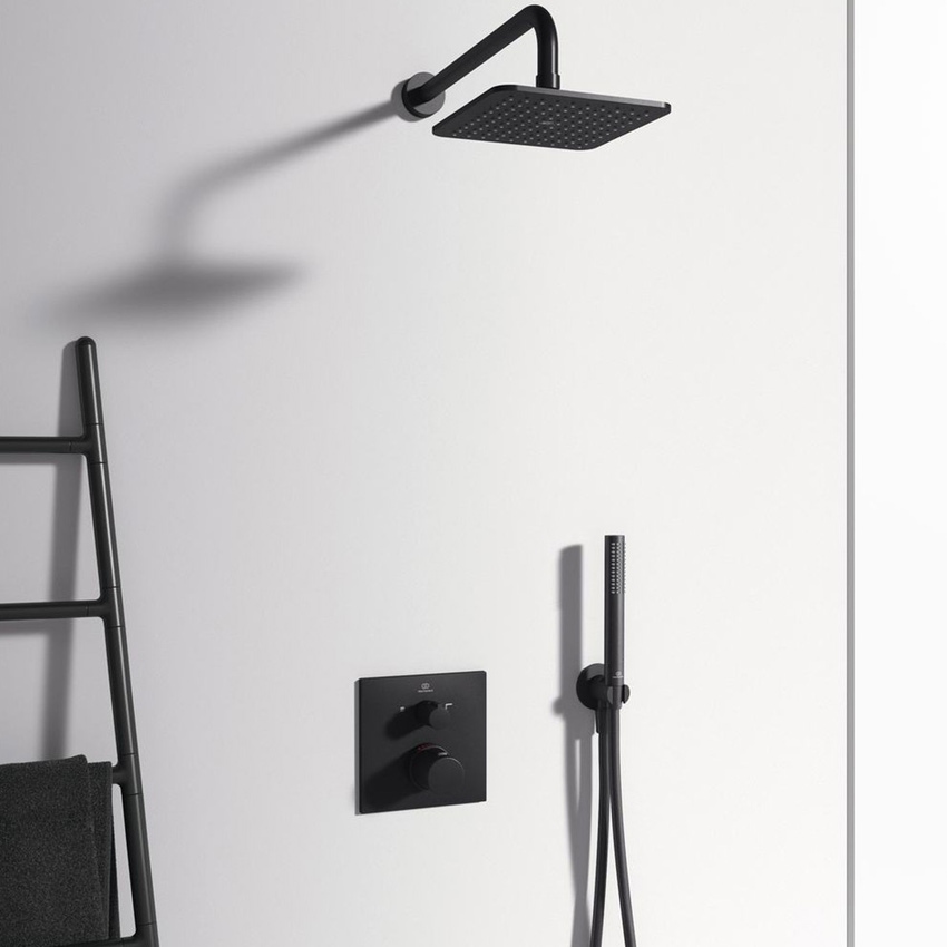 Immagine di Ideal Standard CERATHERM C100 miscelatore termostatico quadrato, per doccia/vasca, con deviatore, senza corpo incasso, colore nero seta finitura opaco A7522XG