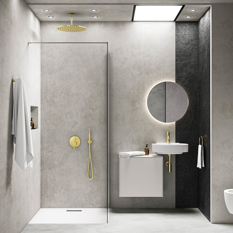 Ideal Standard soluzione bagno completo, sanitari sospesi, lavabo con mobile 60 cm, doccia rettangolare 100x90 cm, colore bianco finitura lucido, rubinetteria finitura oro SING2