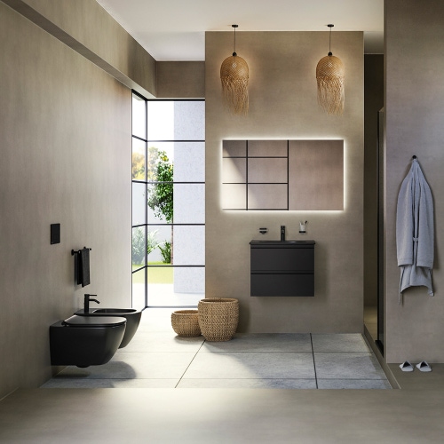 Immagine di Ideal Standard soluzione bagno completo, sanitari sospesi, lavabo con mobile 60 cm, doccia rettangolare 100x70, colore nero finitura opaco, rubinetteria colore nero finitura opaco SING8
