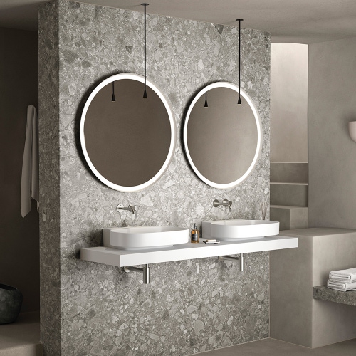 Immagine di Ideal Standard soluzione bagno doppio lavabo 60 cm su mensola 180 cm, colore bianco finitura lucido, doccia rettangolare 120x90 cm, colore grigio cemento finitura pietra opaco, rubinetteria finitura silver storm SING10