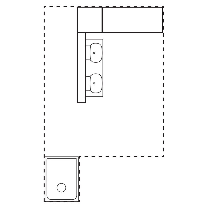 Immagine di Ideal Standard soluzione bagno doppio lavabo 60 cm su mensola 180 cm, colore bianco finitura lucido, doccia rettangolare 120x90 cm, colore grigio cemento finitura pietra opaco, rubinetteria finitura silver storm SING10