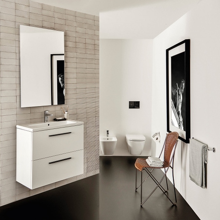 Immagine di Ideal Standard soluzione bagno completo, sanitari sospesi, lavabo con mobile 80 cm, doccia rettangolare 120x80 cm, colore bianco, rubinetteria finitura cromo SING11