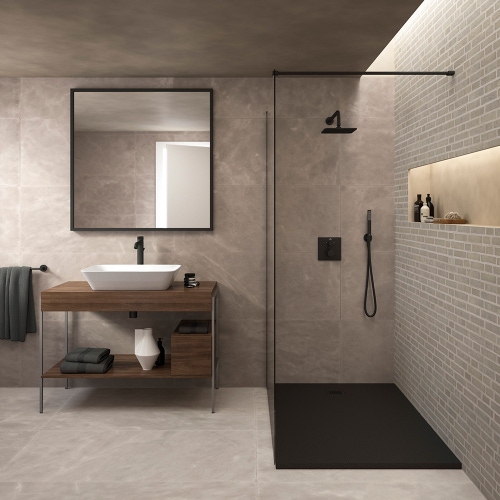 Immagine di Ideal Standard soluzione bagno completo, sanitari sospesi, lavabo 60 cm, colore bianco finitura lucido, doccia rettangolare 120x90, colore nero finitura pietra opaco, mobile sottolavabo 105 cm, finitura noce scuro, rubinetteria colore nero finitura opaco SING13