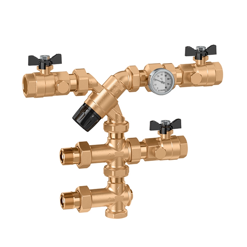 Immagine di Caleffi gruppo di controllo temperatura acqua calda sanitaria al punto di distribuzione, completo di collegamento per ricircolo, attacco 3/4" 520155