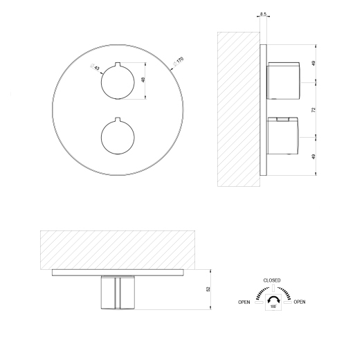 Immagine di Gessi VIA TORTONA miscelatore termostatico per doccia, a parete, senza corpo incasso, 2 vie, finitura cromo 38777#031