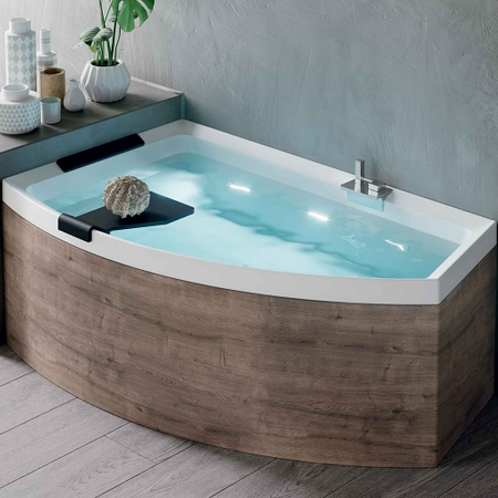 Immagine di Novellini DIVINA O vasca idromassaggio angolare asimmetrica L.165 H.63 P.90 cm, versione sinistra, guscio colore bianco finitura lucido, pannelli esterni finitura legno burlington, rubinetteria finitura cromo DI416594OS2-A1N