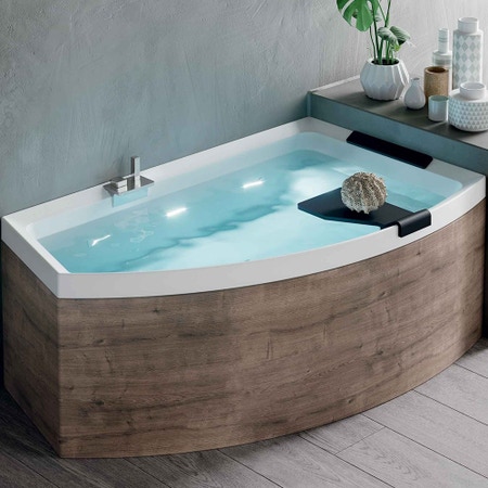 Immagine di Novellini DIVINA O vasca idromassaggio angolare asimmetrica L.165 H.63 P.90 cm, versione destra, guscio colore bianco finitura lucido, pannelli esterni finitura legno burlington, rubinetteria finitura cromo DI416594OD2-A1N