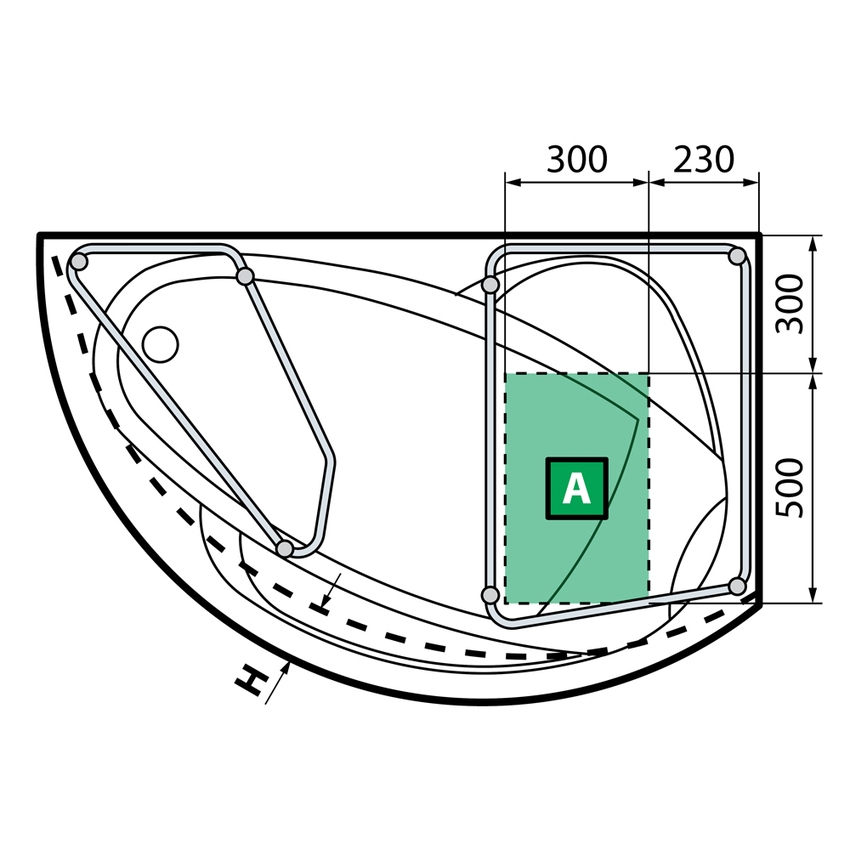 Immagine di Novellini VOGUE vasca idromassaggio angolare asimmetrica semicricolare L.165 H.55 P.85 cm, versione destra, con pannello di controllo, guscio colore bianco finitura lucido, rubinetteria finitura cromo VOG416585PFD-A1K
