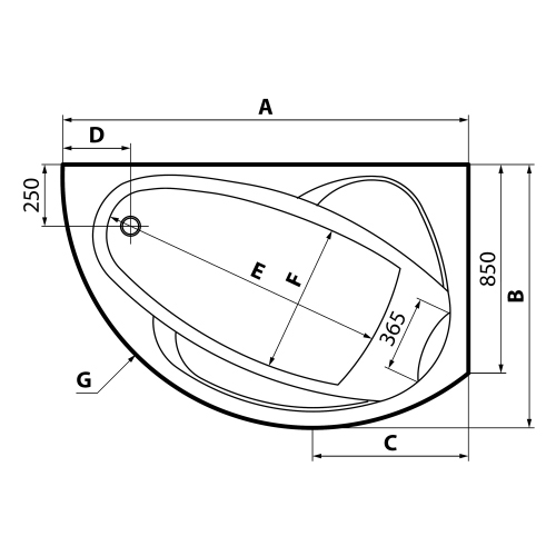 Immagine di Novellini VOGUE vasca idromassaggio angolare asimmetrica semicricolare L.165 H.55 P.85 cm, versione destra, con pannello di controllo, guscio colore bianco finitura lucido, rubinetteria finitura cromo VOG416585PFD-A1K