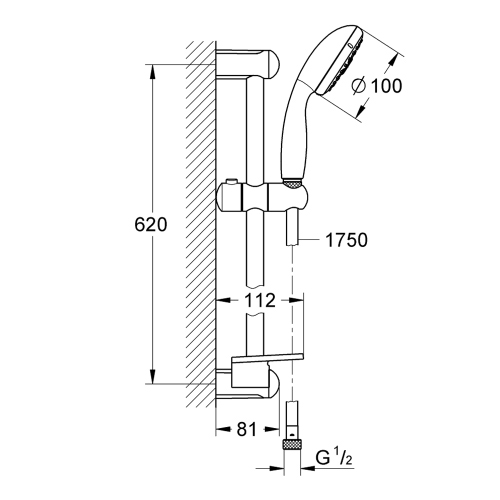 Immagine di Grohe TEMPESTA 100 set doccia a 4 getti con asta H.60 cm, flessibile 175 cm e manopola doccia, finitura cromo 28436002