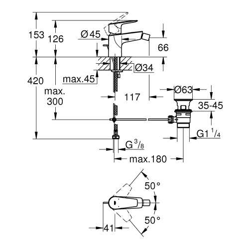 Immagine di Grohe BAUEDGE miscelatore monocomando per bidet, con scarico, finitura cromo 23331001