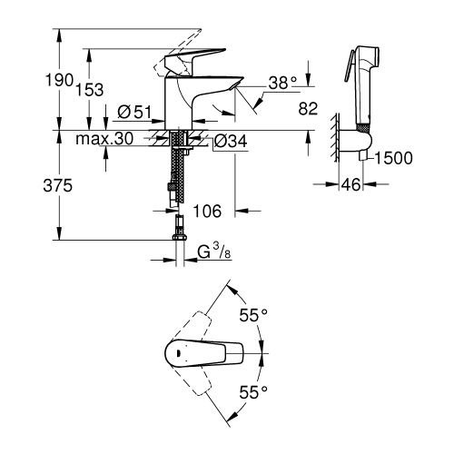 Immagine di Grohe BAUEDGE miscelatore monocomando lavabo e doccino, con flessibile e supporto a muro, senza scarico, finitura cromo 23757001