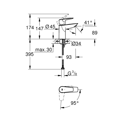 Immagine di Grohe BAUEDGE miscelatore monocomando per lavabo H.15 cm, senza scarico, con limitatore di temperatura, finitura cromo 24193001