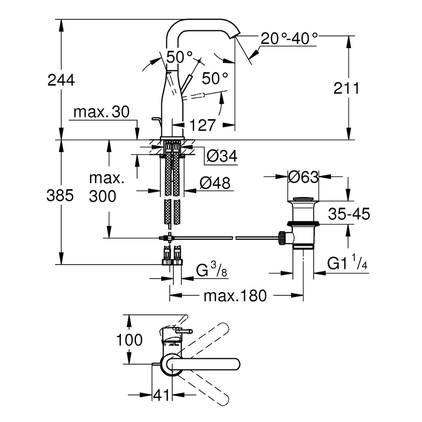Immagine di Grohe ESSENCE miscelatore monocomando H.24 cm, per lavabo, con scarico, finitura cromo 24174001