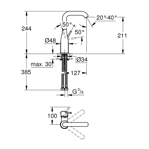 Immagine di Grohe ESSENCE miscelatore monocomando H.24 cm, per lavabo, senza scarico, finitura cromo 24177001