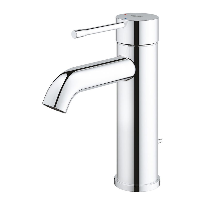 Immagine di Grohe ESSENCE miscelatore monocomando H.17 cm, per lavabo, con scarico e limitatore di temperatura, finitura cromo 24180001