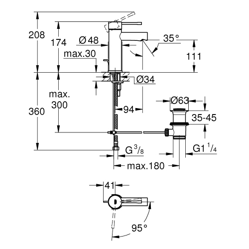 Immagine di Grohe ESSENCE miscelatore monocomando H.17 cm, per lavabo, con scarico e limitatore di temperatura, finitura cromo 24183001