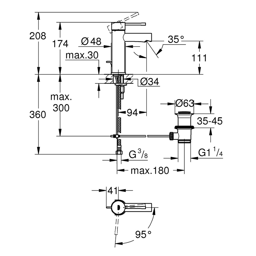 Immagine di Grohe ESSENCE miscelatore monocomando H.17 cm, per lavabo, con scarico e limitatore di temperatura, finitura cromo 24183001