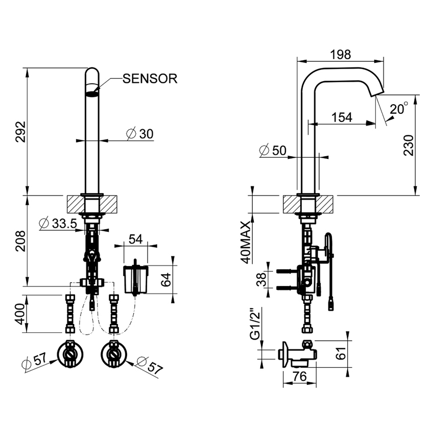 Immagine di Gessi 316 INTRECCIO miscelatore elettronico per lavabo, con regolazione di temperatura e portata tramite rubinetto sottolavabo, finitura brass brushed PVD 54180#727