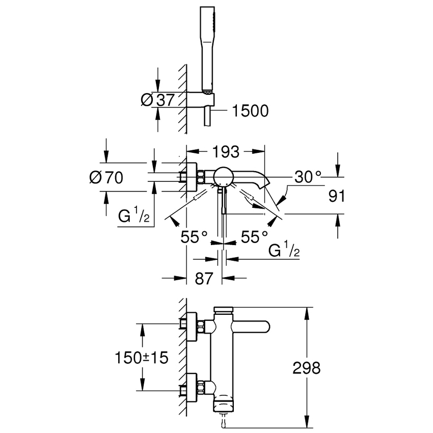 Immagine di Grohe ESSENCE miscelatore monocomando per vasca o doccia a parete, con deviatore, finitura cromo 25249001