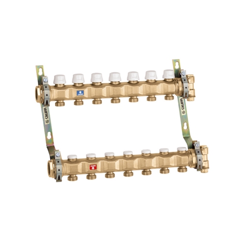 Immagine di Caleffi Collettore premontato con 3 derivazioni 3/4" M e attacco 1 1/4", completo di valvole di intercettazione e detentori di regolazione 6637C5