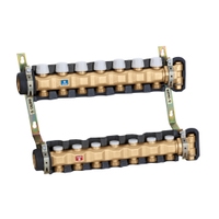 Immagine di Caleffi Collettore premontato per impianti di riscaldamento e raffrescamento con 4 derivazioni 3/4" M e attacco 1 1/4", completo di valvole di intercettazione e detentori di regolazione 6637D5 IS