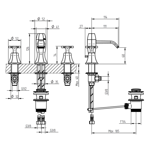 Immagine di Bellosta STRESA batteria lavabo 3 fori, con scarico, maniglia a croce, finitura cromo 01-1705/4