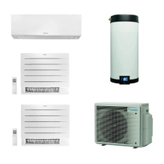 Immagine di Daikin MULTI+ sistema per raffrescamento, riscaldamento e acqua calda sanitaria con serbatoio da 90 L | unità esterna 5.2 kW | unità interne split 9000 e pavimento 9000+9000 4MWXM52A9+EKHWET90BV3+FTXM25R+2FVXM25A9