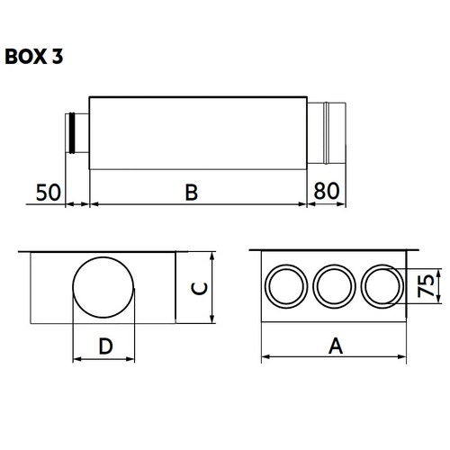Immagine di Irsap Box 3 Plenum di distribuzione aria in lamiera zincata, 1 attacco principale DN125 + 3 attacchi secondari DN75 A00PLE037512500