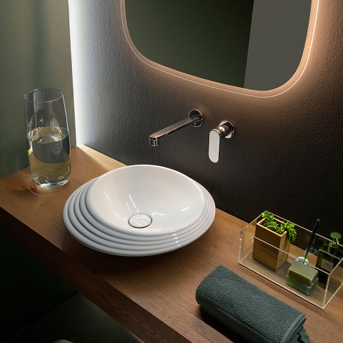 Immagine di Flaminia SPIRE+ lavabo rotondo da appoggio Ø 48 cm, senza troppopieno e senza piano rubinetteria, con decoro a rilievo, colore bianco finitura lucido SP48D