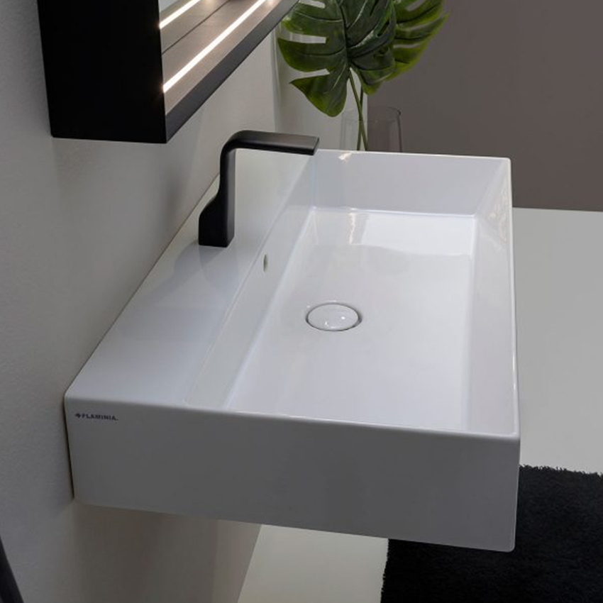 Immagine di Flaminia APPLIGHT 80 lavabo L.80 P.47 cm, da appoggio o sospeso con piano rubinetteria, con troppopieno, colore bianco finitura lucido AP8047